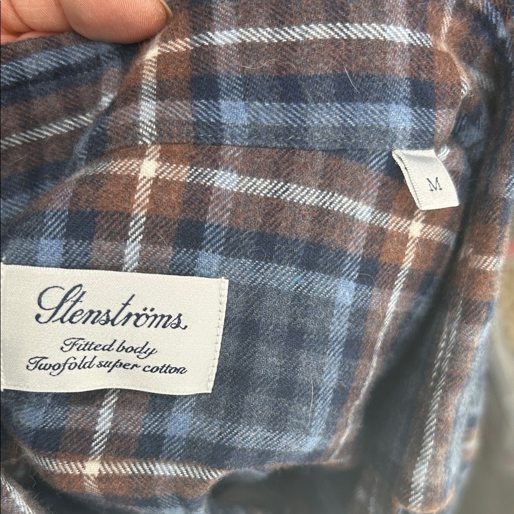 Stenströms Fitted Body Plaid Button Down Shirt M Blue Brown Twofold Super Cotton - Picture 2 of 12